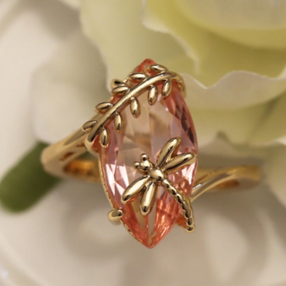 Yellow Gold Simulated Citrine Dragonfly Ring